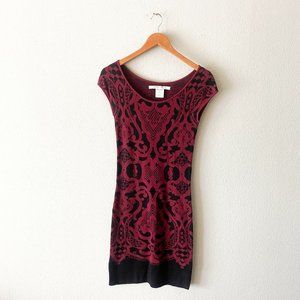 Max Studio burgundy black paisley sweater short sleeve dress bodycon stretch S